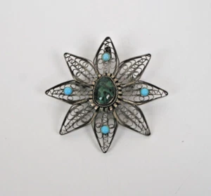 Brooch Malachite Sterling Silver Pendant Brooch Turquoise Israel Floral Flower - Picture 1 of 6