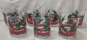 Vintage 70's Christmas Beverage Low Ball/Juice Glasses Holly Berry Set of 7 - Picture 1 of 7