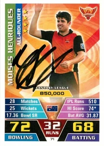 Signed 2016 2017 SUNRISERS HYDERABAD IPL Cricket Card MOISES HENRIQUES - Picture 1 of 3