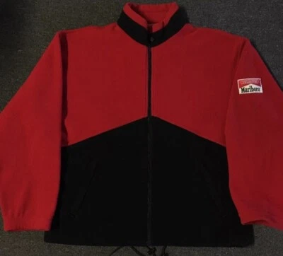 Vtg 90s Marlboro Cigarettes Colorblock Fleece Jacket XL Smoking Grunge Biker 80s - Image 1 of 4