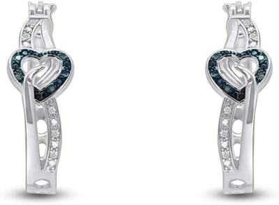 1/10 克拉蓝色和白色真钻石心形 Huggie 耳环纯银 — 第 1/4 张图片