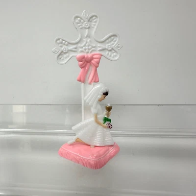 First Holy Communion Cake Topper Cross Girl Figure Pink VINTAGE - Image 1 of 4