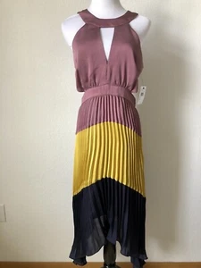 Harlyn Dress Sz S Halter Pleated Color Block Uneven Hem Navy Yellow Pink Cut Out - Picture 1 of 11