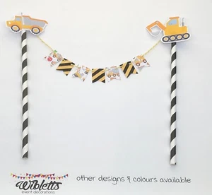 CONSTRUCTION DIGGER DUMP TRUCK THEME. PAPER MINI BUNTING BIRTHDAY CAKE TOPPER - Picture 1 of 4