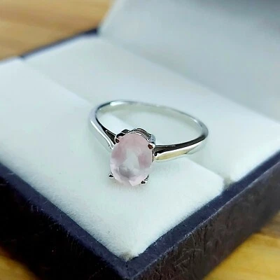 Rose Quartz Ring Dainty halo Minimalist Stackable wedding 925 Sterling Silver - Image 1 of 4