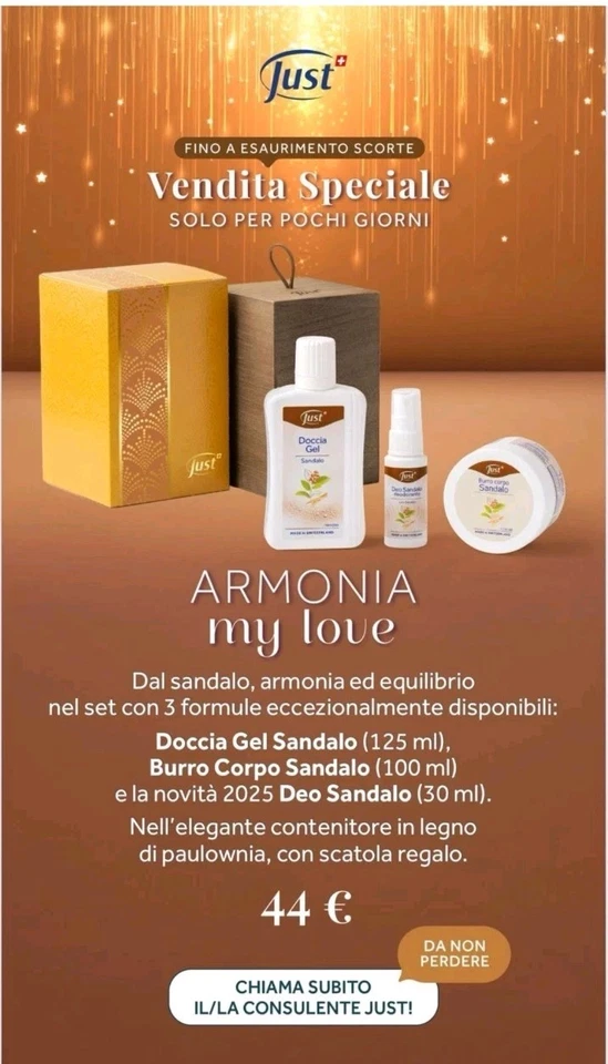 Set Con Detergente, Deodorante Spray E Burro Corpo Al Sandalo Con Scatola Just - Immagine 1 di 1