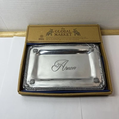 Global Market, Made In India Polished Silver Tone Pewter “AMEN” Tray, New In Box - Image 1 of 4