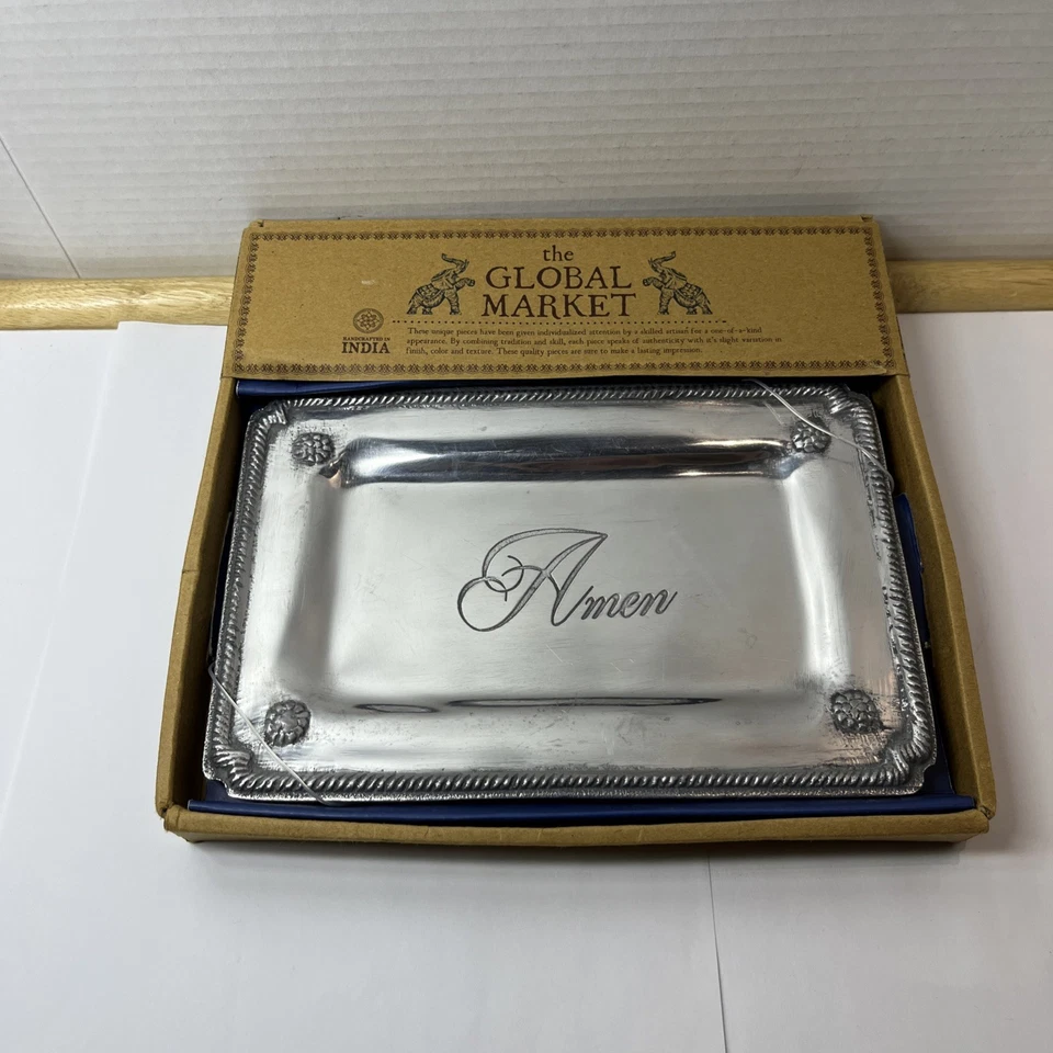 Global Market, Made In India Polished Silver Tone Pewter “AMEN” Tray, New In Box - Image 1 of 4
