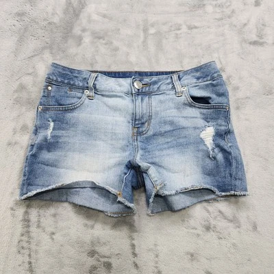 Maurices Shorts Womens 6 Blue Distressed Cut Off Raw Hem Mid Rise Stretch Denim - Image 1 of 4