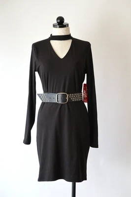 Hot Kiss Negro Elástico Jersey Cuello Alto Recorte Manga Larga Camiseta Vestido Mujeres L Foto 1 de 4