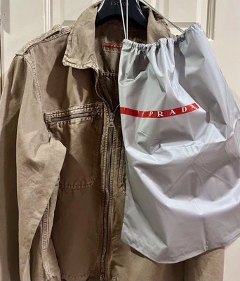 Chaqueta PRADA Para Hombres Algodón Taupe y Lino Doble Cremallera, Cuello Detallado M/L ¡con Bolsa! Foto 1 de 4