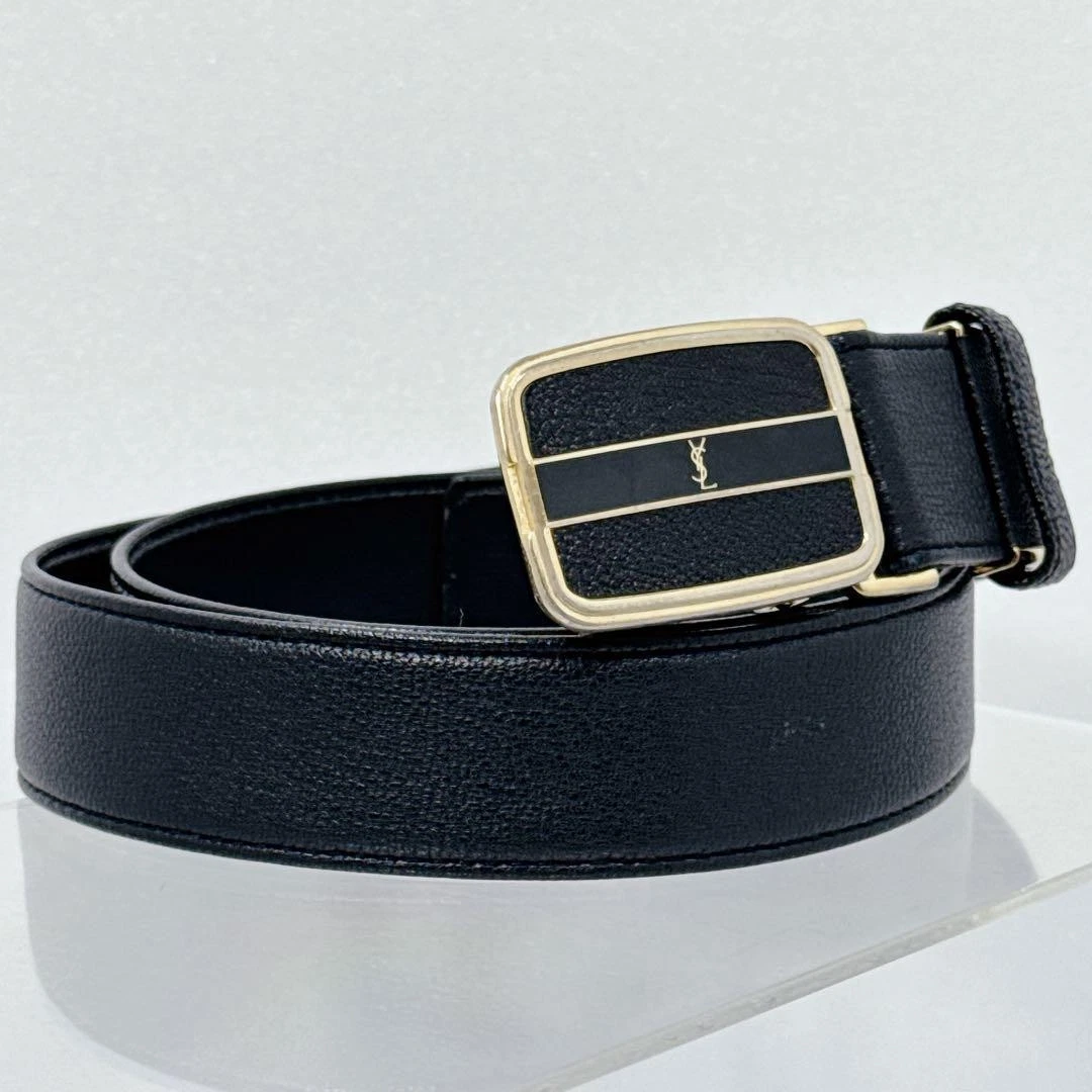 Yves Saint Laurent ブラックベルト YVES SAINT LAURENT Square Buckle Leather Belt Black Size 75