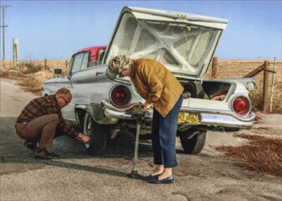 Tarjeta de aniversario de boda divertida colección América cambiante de neumático de coche pareja Foto 1 de 3