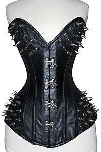 Black Leather Steampunk Spike & Clasp Corset Overbust Waist Trainer Corsets