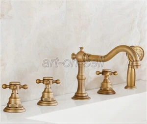 Antique Brass Bathroom Roman Tub Faucet Mixer Tap Set w/Hand Shower 5 Hole Tap - Picture 1 of 8