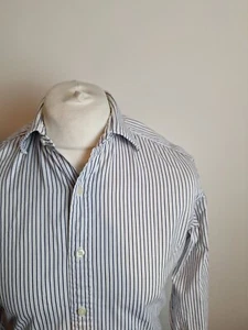 T.M. Lewin Shirt Blue Striped 15.5" - 34.5" Regular Fit Double Cuff - Photo 1 sur 5