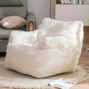 White Soft Tufted Bean Bag Reading Relaxing Sofa Leisure Chair w/ Teddy Fabric - Picture 1 of 9