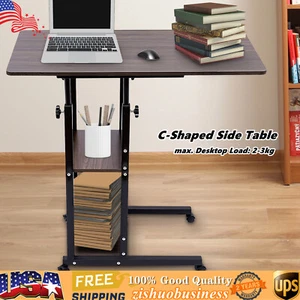 C-Shaped Side Table Height Adjustable Bed Sofa End Table Storage Shelf w/ Wheels - Picture 1 of 20