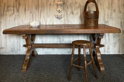 French Oak Antique Farmhouse Trestle Dining Table  Circa Late 1800’s Cover