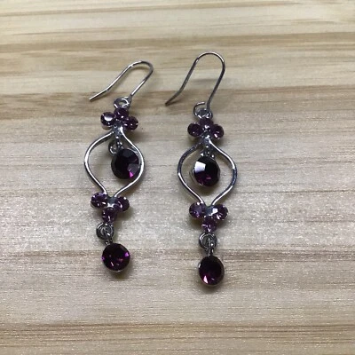 Pendientes colgantes de moda tono plata color amatista púrpura joya Foto 1 de 4