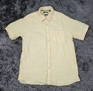 Orvis Shirt Mens Large Yellow 100% Linen Classic Fit Short Sleeve Button Up Logo - Picture 1 of 16