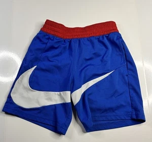 Nike Dri-FIT Boys Athletic Shorts Small Blue Red Giant Swoosh Logo Mesh Lined - Picture 1 of 5