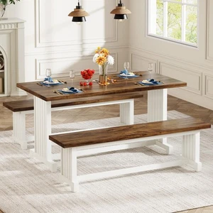 47" Dining Table Set for 4, 3-Piece Kitchen Room Table with 2 Benches, Farmho... - Picture 1 of 8