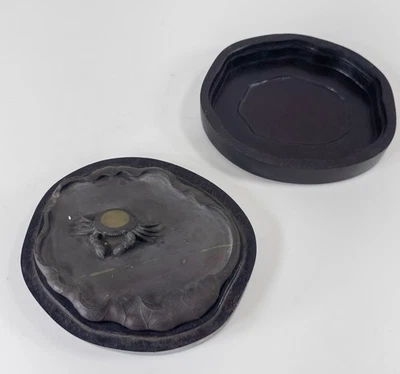 Antique Vintage Chinese Carved Duan Inkstone With Crab, Wood Box - Image 1 of 4