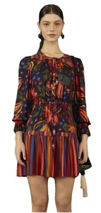 Farm Rio Black Banana Sky Mini Dress Sz S Puff Sleeve Tiered Flowy Beaded Beach - Picture 1 of 18