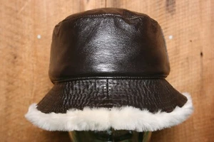 WILSONS Brown Leather Faux Fur Plush Lined Bucket Hat Women's Sz. S/M - Picture 1 of 7