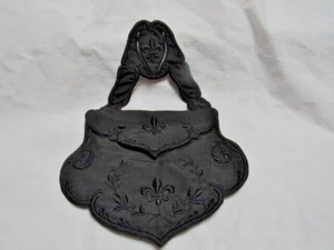 Victorian Black Silk Satin Embroidered Fleur de Lis Chatelaine Purse Belt Loops - Picture 1 of 12