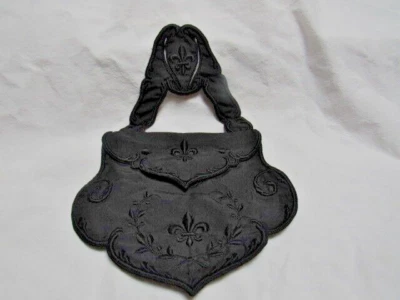 Викторианский черный шелк атласная вышивка Fleur de Lis Chatelaine сумочки ремня петли - Изображение 1 из 4