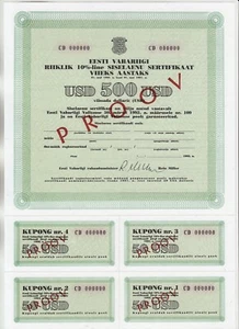 ESTONIA Bond 500 USD 1992 UNC SPECIMEN State 10% Internal Loan w. $50 4 COUPONS - Picture 1 of 2