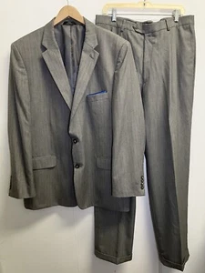 Haggar Mens 2 Piece Suit Blazer Jacket 48L Pants 36X34 Gray Herringbone - Picture 1 of 20