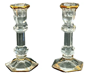 Vintage Block Crystal Pillar Candlesticks 7"Tall Hexagon Gold Trim Elegant - Picture 1 of 15