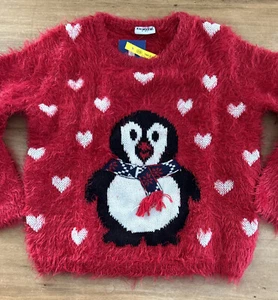 Lupilu Girls 2-4Y Red Fuzzy Winter Sweater Eyelash Penguin Hearts Crewneck NEW - Picture 1 of 4
