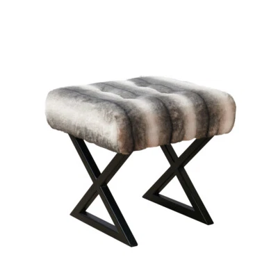 Stripe Faux Fur Square Ottoman Foot Stool Vanity Makeup Seat w/ Metal X-Leg 19"H - Image 1 of 4