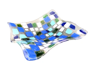 Fused Mid Century Mod MCM Art Glass Square Plate/Bowl Geometric Abstract Signed - Picture 1 of 12