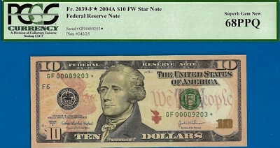 2004A $10 FRN Atlanta star PCGS 68PPQ 2nd finest Fr 2309-F* low serial 00009203* - Image 1 of 3