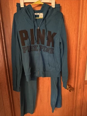 Conjunto de moletom com capuz VS PINK unissex azul tamanho médio com zíper - Imagem 1 de 4