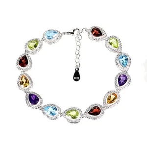 925 Sterling Silver Bracelet Pear Citrine Amethyst Topaz Gemstone Jewelry 7 Inch - Picture 1 of 13
