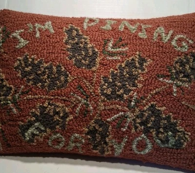 Chandler 4 Corners Hooked Wool Pillow Unique Rare "Pining" Pinecone Laura Megroz - Image 1 of 4