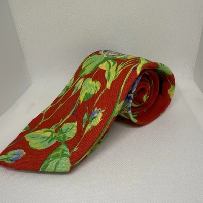 Corbata Polo Ralph Lauren 100% Lino Rojo y Amarillo Rosas Tropicales Hecha a Mano en Italia Foto 1 de 4