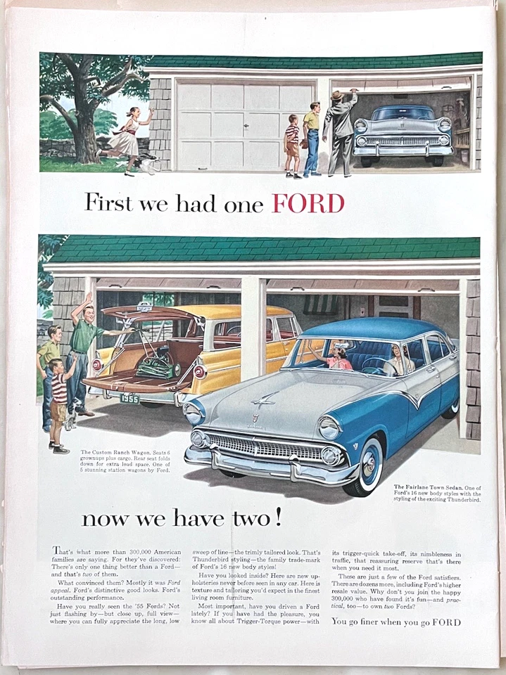 1955 magazine ad for Ford - One Ford now Two, Custom Ranch Wagon, Fairline - Image 1 of 1