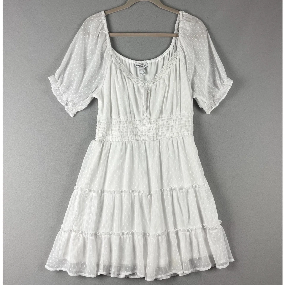 Fairy Lace Tiered Dress Womens XL White Smocked Sheer Milkmaid Coquette Boho - Image 1 of 4