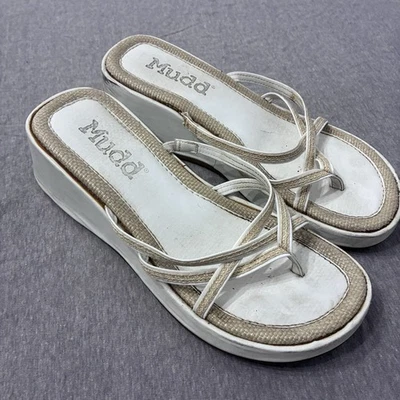 Y2K Mudd Platform Wedge Sandal Size 7-7.5 Women’s Slip On Tan/White Vintage - Image 1 of 4