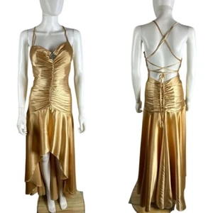 Vtg 90s Y2k Gunne Sax Prom Dress Liquid Gold Satin Ruched 1 Strappy Cross Back - Picture 1 of 9
