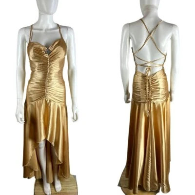 Винтажное выпускное платье 90-х Y2k Gunne Sax жидкое золото атласное собранное в рюш 1 с ремешками крест сзади - Изображение 1 из 4