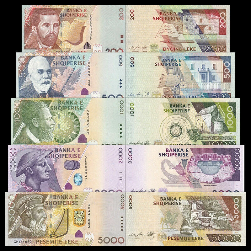 Full Set Albania Paper Money, Banknotes: 200, 500, 1000, 2000, 5000 leke. UNC - Image 1 of 1