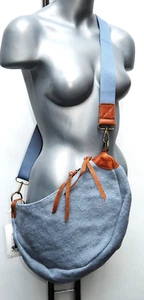 STYLISHE UMHÄNGETASCHE BODY BAG BANANEN TASCHE LEINEN STOFF JEANS BLAU COGNAC - Bild 1 von 5